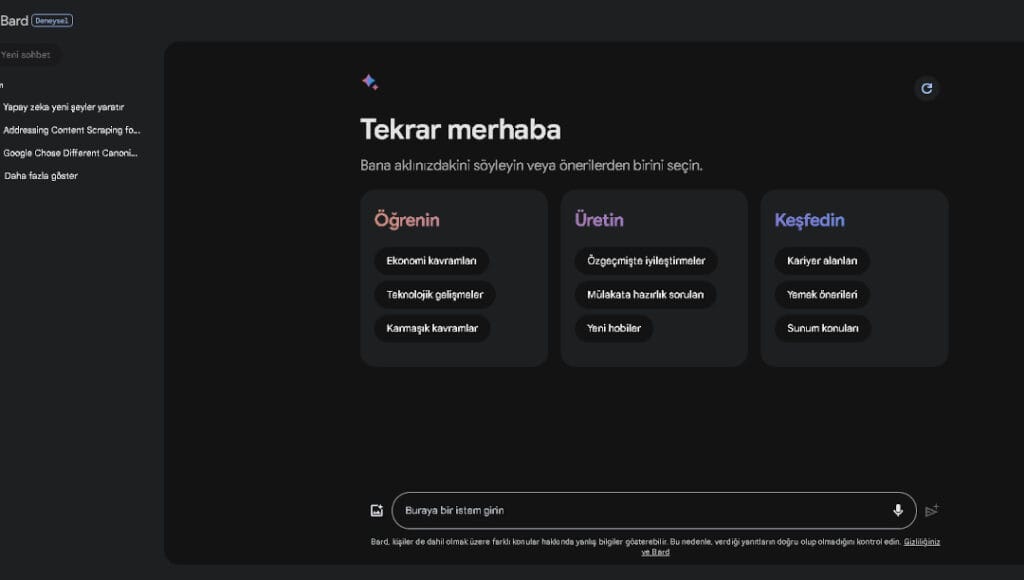 Google Bard Prompt Nasıl Yazılır? Google Bard arayüzü