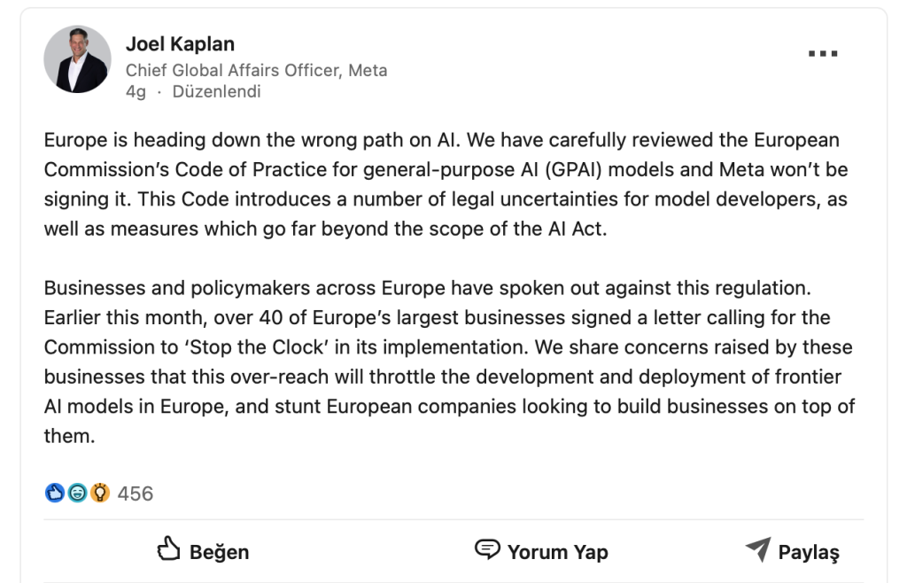 Meta’dan AB’nin Yapay Zeka Yasası'na Çarpıcı Tepki! Meta’dan AB’nin Yapay Zeka Yasası'na Çarpıcı Tepki!